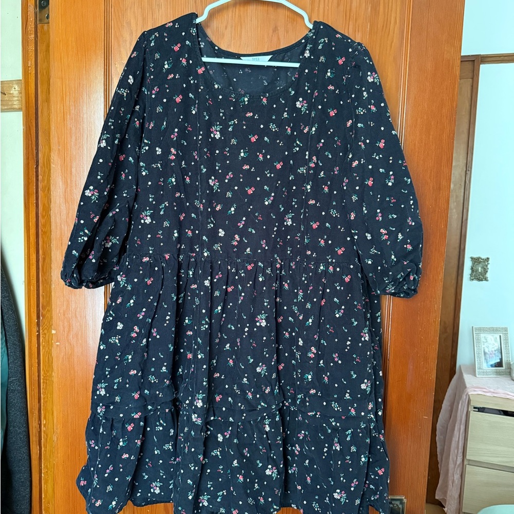 Time and Tru Black Floral Corduroy Dress